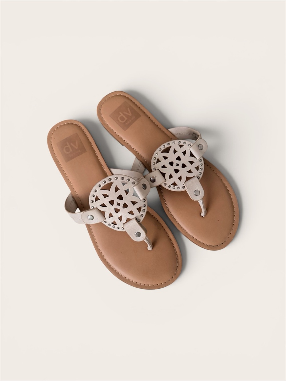 Cutout Medallion Thong Sandals in Light Beige